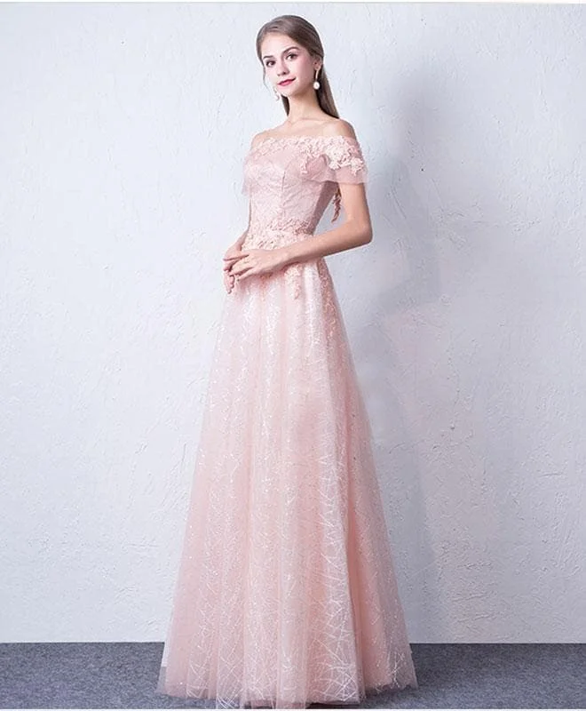 Pink Lace Off Shoulder Long Prom Dress, Pink Evening Dress