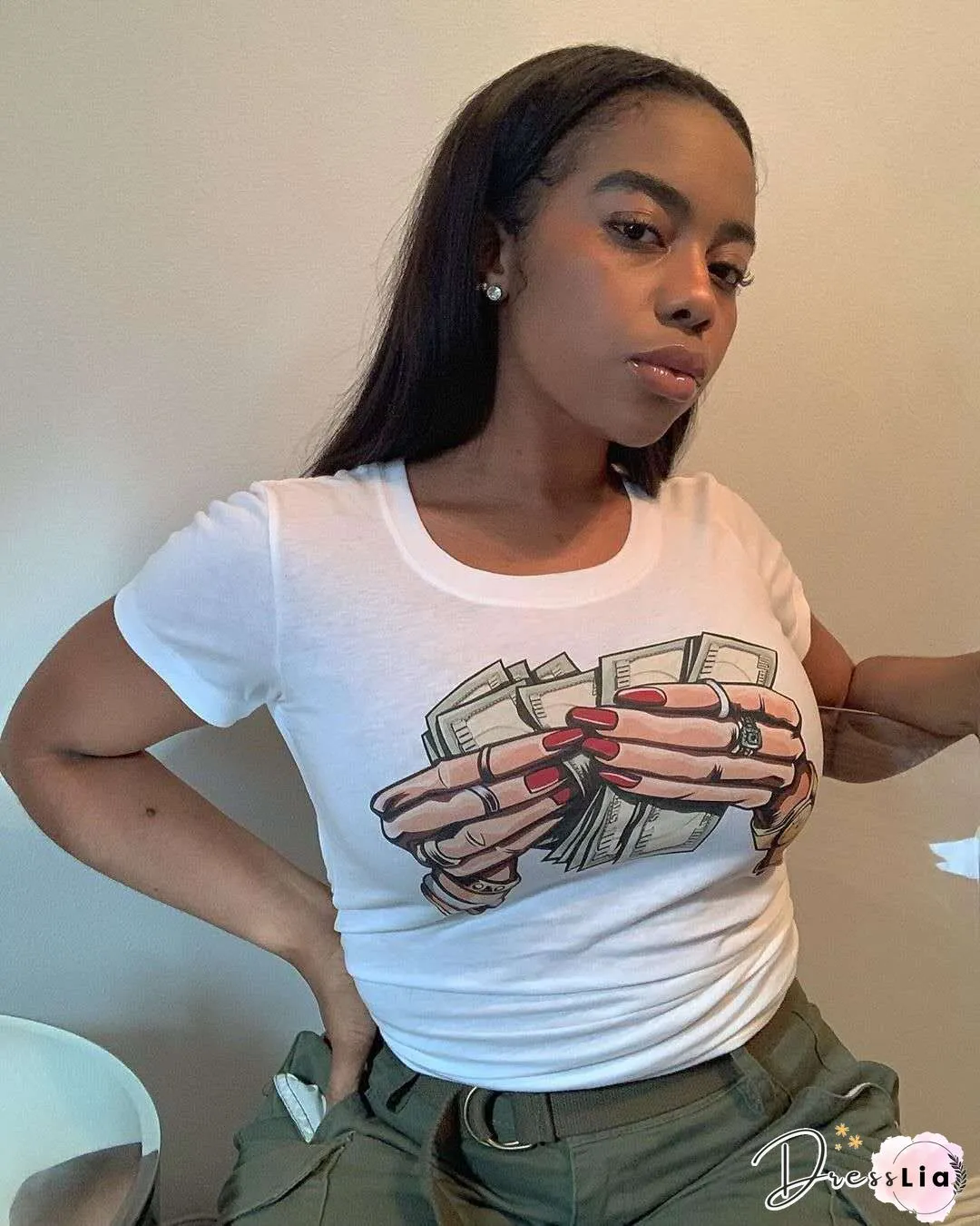 Round-neck Short Sleeve Plus Size Women T-Shirt-Fashion Lounge Wear Trend Dollar Print