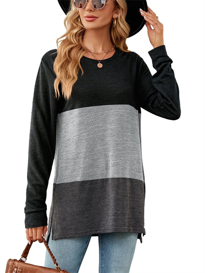 Autumn and Winter New Solid Color Round Neck Color Collision Splicing Loose Long-sleeved T-shirt Women's