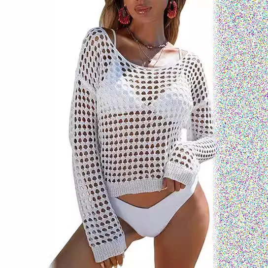 Woherb Woherb New Women's Sexy Loose Sleeve Big Collar Knit Hollow See-Through Beach Sunscreen Bikini-Outfit Ideas
