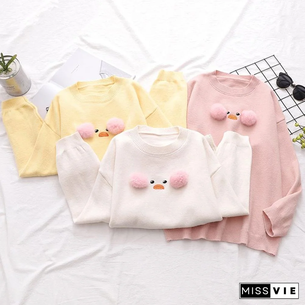 Duck Embroidery Fuzzy Ball Sweater