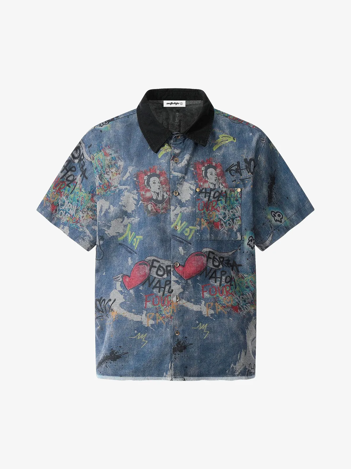 Blue Actchic Distressed Wash Graffiti Short Sleeve Shirt Front