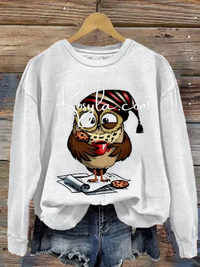 Women's Leisure Owl Floral Print Long Sleeve Crewneck Sweatshirt