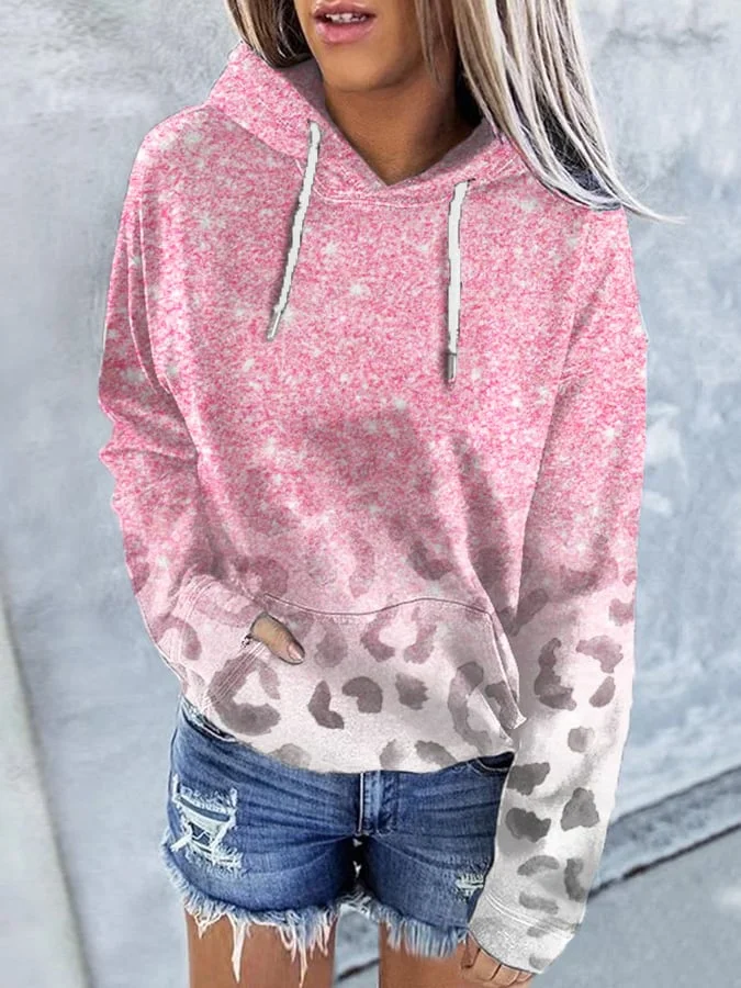 Women&#039;s Ombre Pink Leopard Print Casual Hoodie