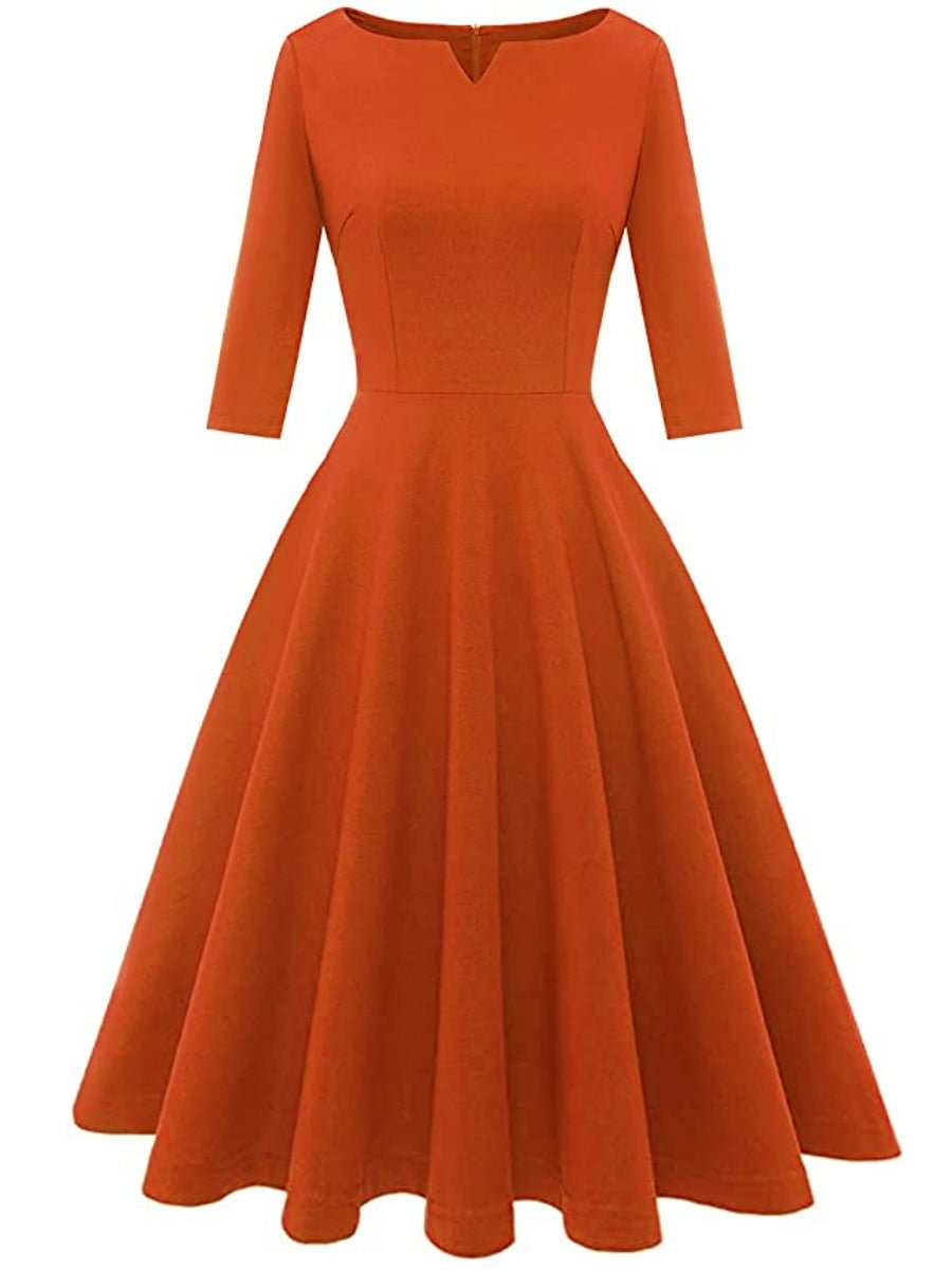 Vintage Dresses Caramel Color 3/4 Sleeve Midi Swing Dresses