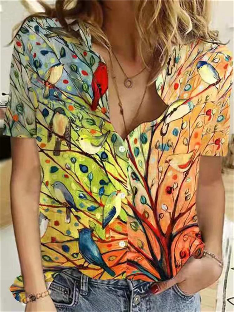 Birds & Tree Oil Painting Blouse