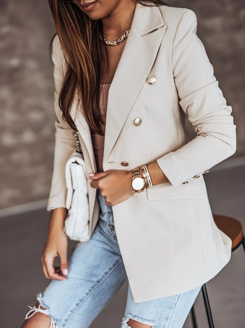 Women's New Solid Color Long-Sleeved Double-Breasted Suit Jacket | IFYHOME