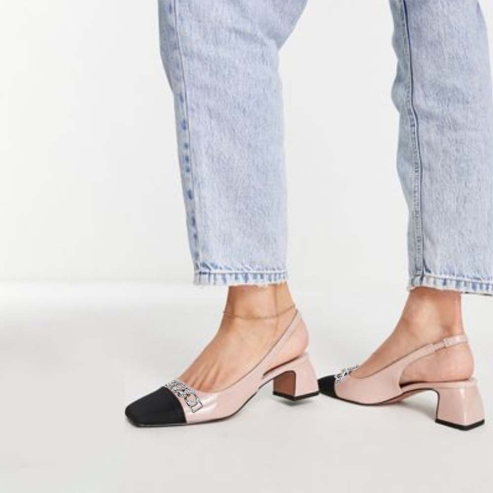 Pink Patent Leather Square Toe Chunky Heel Slingback Pumps Nicepairs