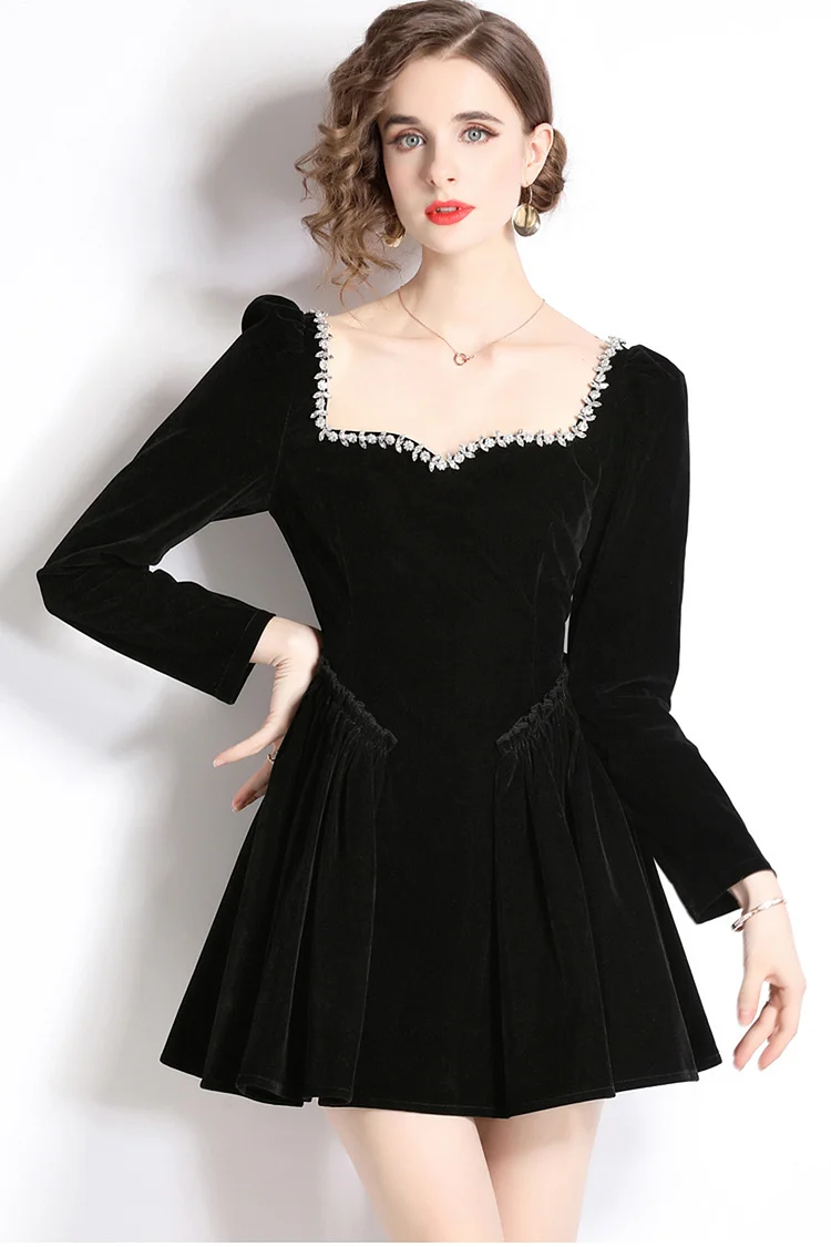 Square Neck Rhinestone Velvet Pleated Mini Dress-Black