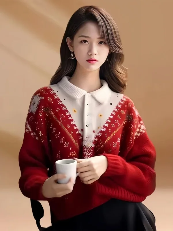 Athvotar Athvotar And Winter New Design Heavy Industry Hook Flower Wearing Alpaca Thick Sweater Senior Sense Loose Knit Shirt Top