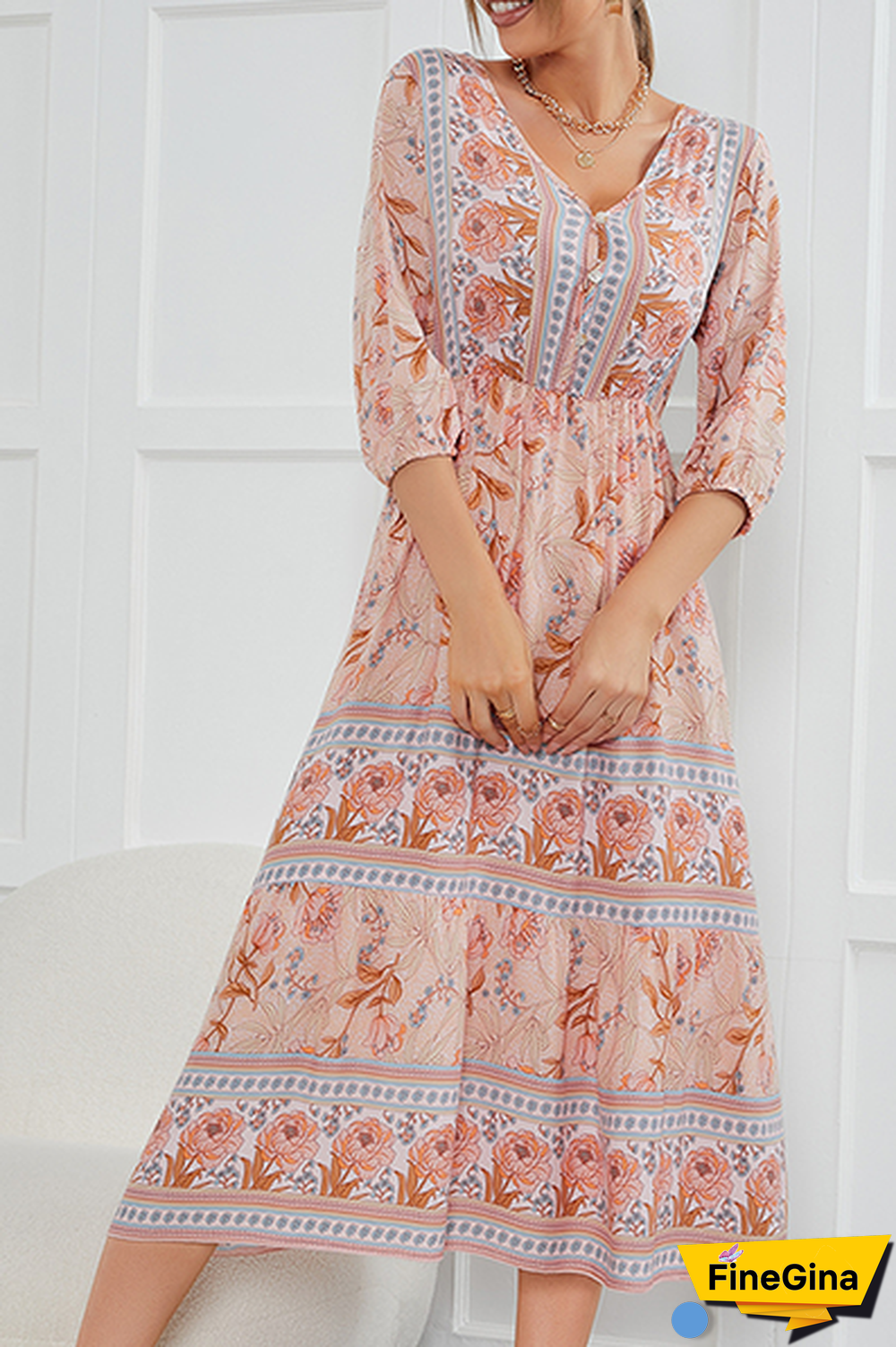 Bohemian Floral Buckle V Neck A Line Dresses