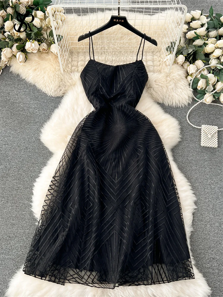 Huibahe Fashion Temperament Long Dress Spaghetti Strap Sleeveless Design Female Solid Senior Embroidery Mesh Party Dress