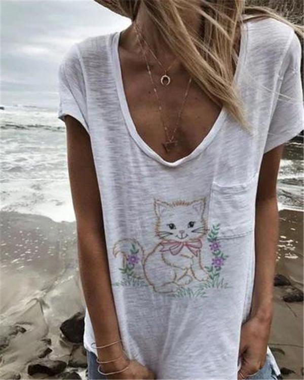 Cute Cat Summer Women Daily Shift Holiday Casual Blouse