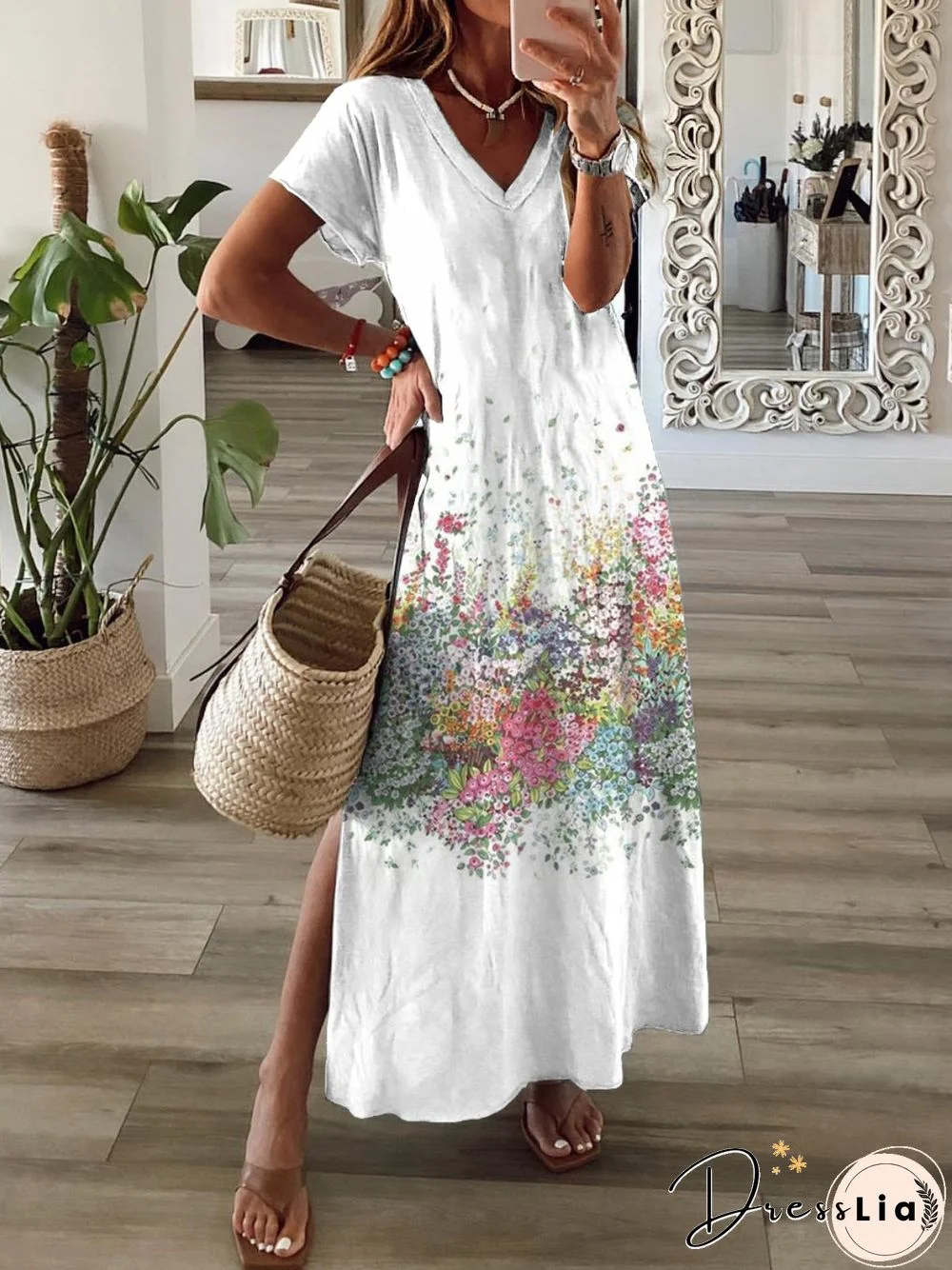 Casual V neck Loosen Short Sleeve Knit Dress