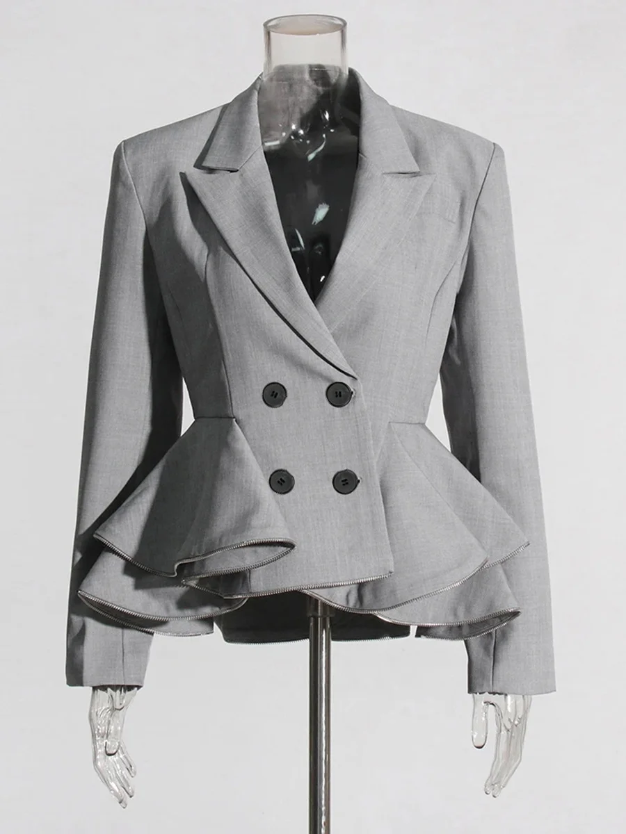 Woherb Woherb Style Temperament Elegant Small Suit 2024 Autumn New Fashion V Collar Splicing Lotus Leaf Design Coat Female-Outfit Ideas