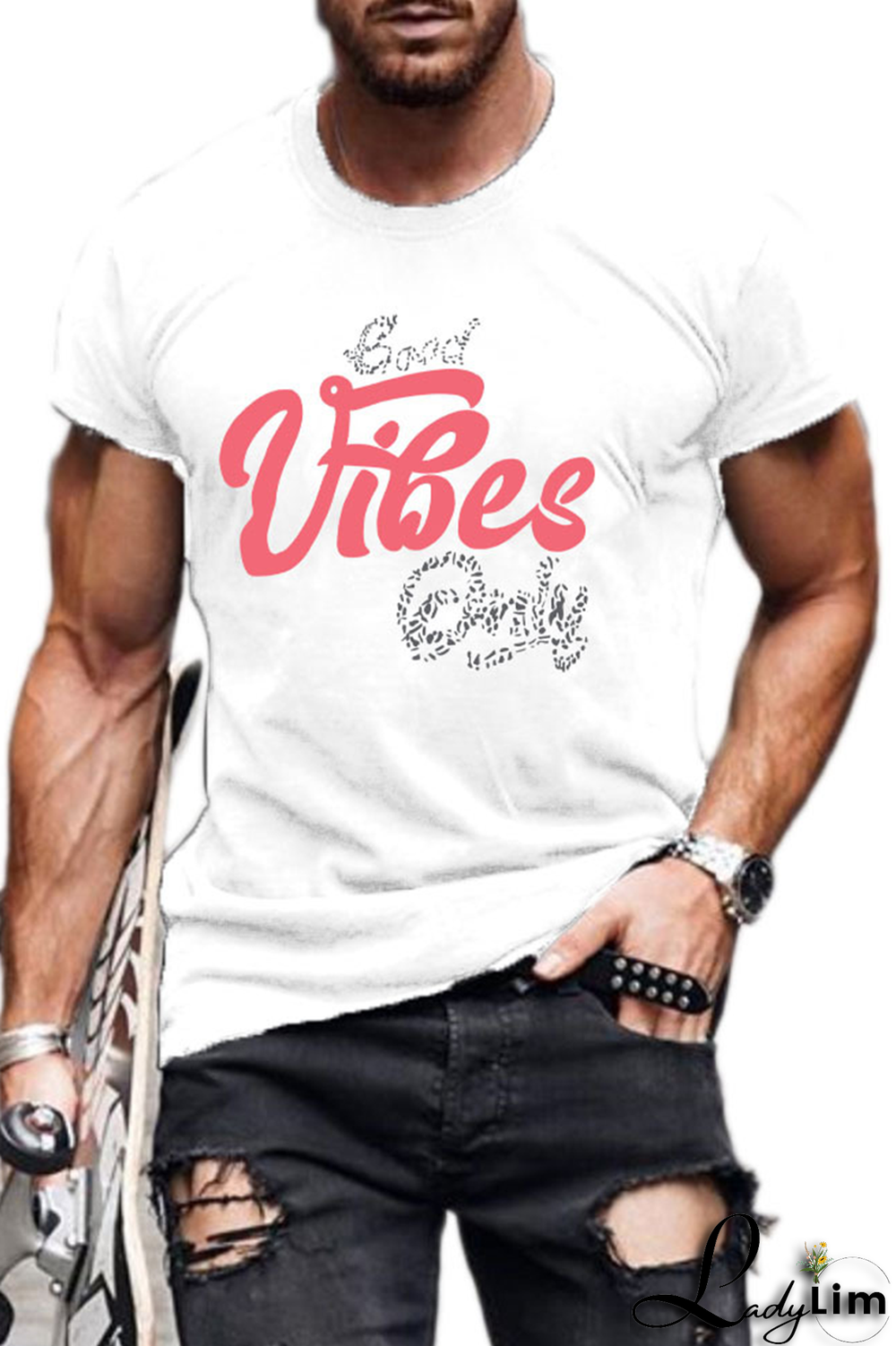 White Fashion Print Letter O Neck Tops