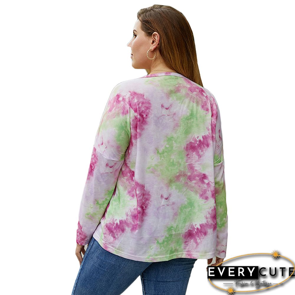 Rosy Tie Dye Button Front Plus Size Blouse