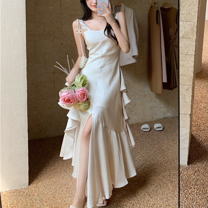 Abebey Summer Women Long Satin Dress Sleeveless  Backless Silk Slit Ruffle Maxi Beach robe Party dresses evening dresses  Korean Summer Satin Elegant Women Dress Casual Sexy Tank Backless Ruffle Split Maxi Party Lady Robe Femme Beach Mujer Vestidos