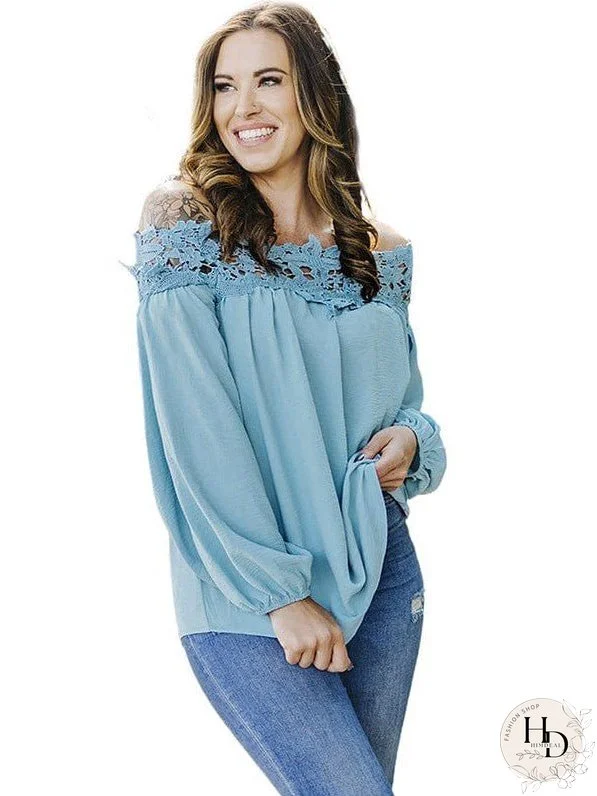 Loose Lace Stitching Chiffon Plus Size Shirt With One-Neck Design For Women