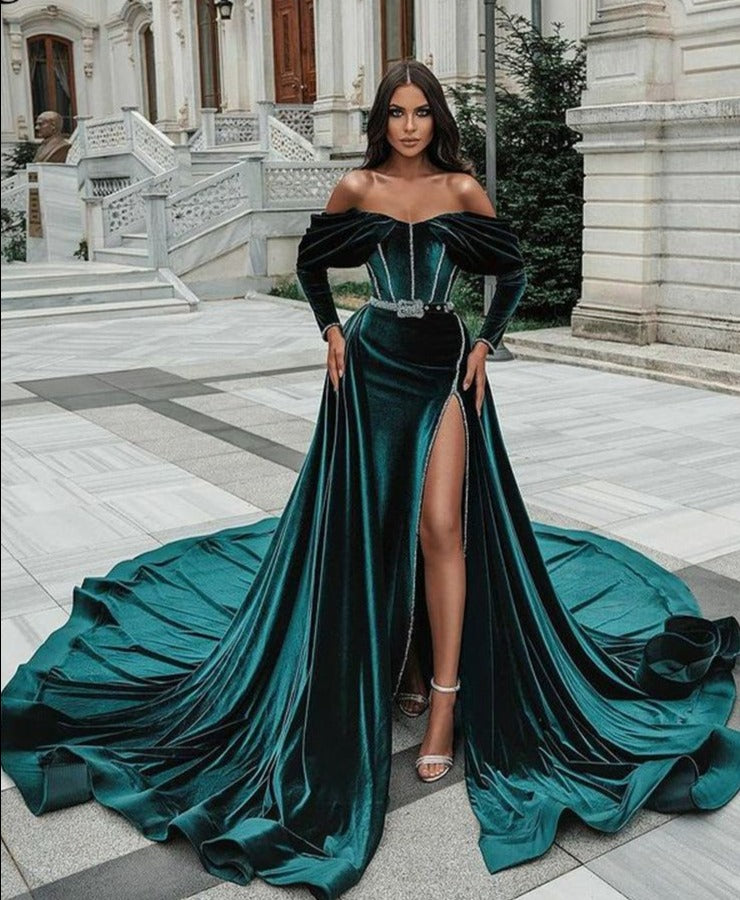 LANFUBEISI Eightree Royal Green Long Off  Shoulder Caftan Evening Dresses Detachable Train Velvet Side Long Sleeve Slit Evening Party Gowns LANFUBEISI