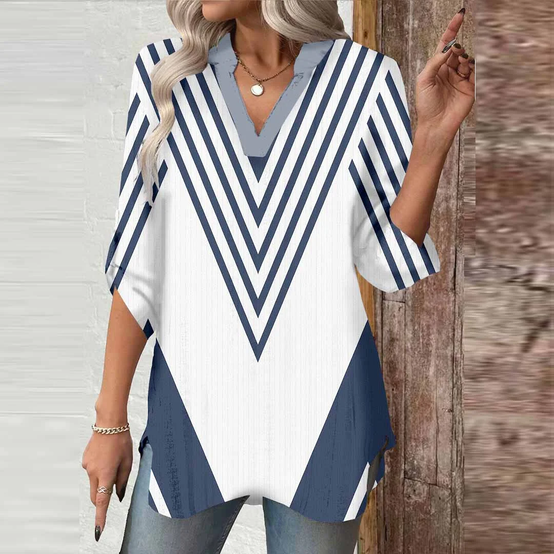 Women Geometric, Blue, White DZGA0548 3/4 Sleeve V-neck Printed Graphic Button Tops