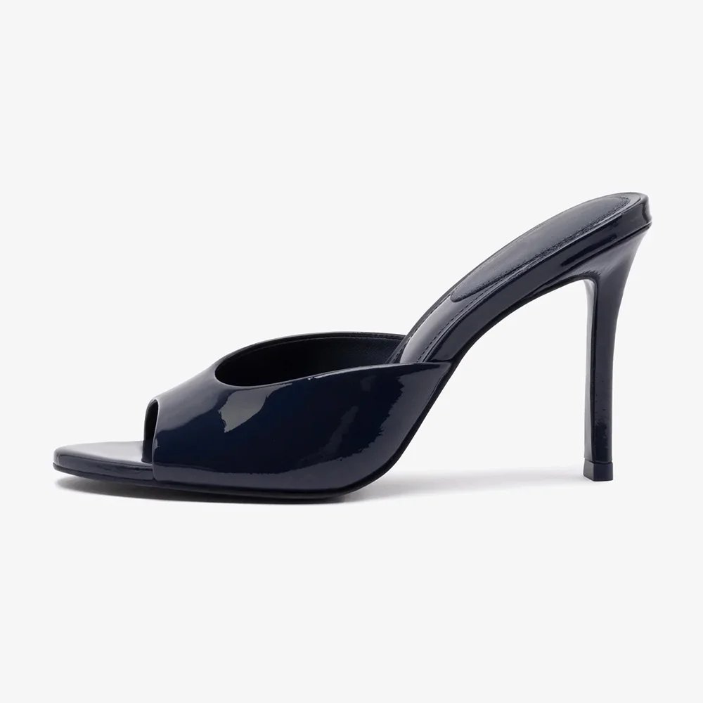 Navy Patent Leather Open Toe Mules Sandals with Stiletto Heels