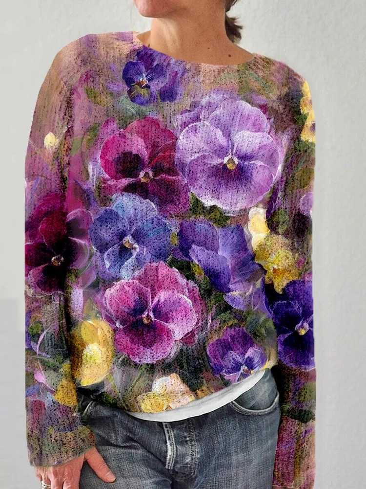 Utbros Purple Awareness Pansy Flower Pattern Cozy Sweater