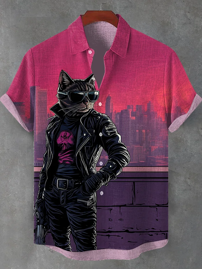 Men's Cyberpunk Cat City Hunter Print Casual Short Sleeve Shirt