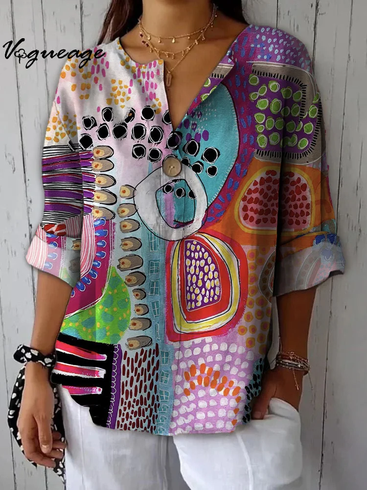 Fashion Art Creative Pattern Printed Cotton And Linen Shirt
