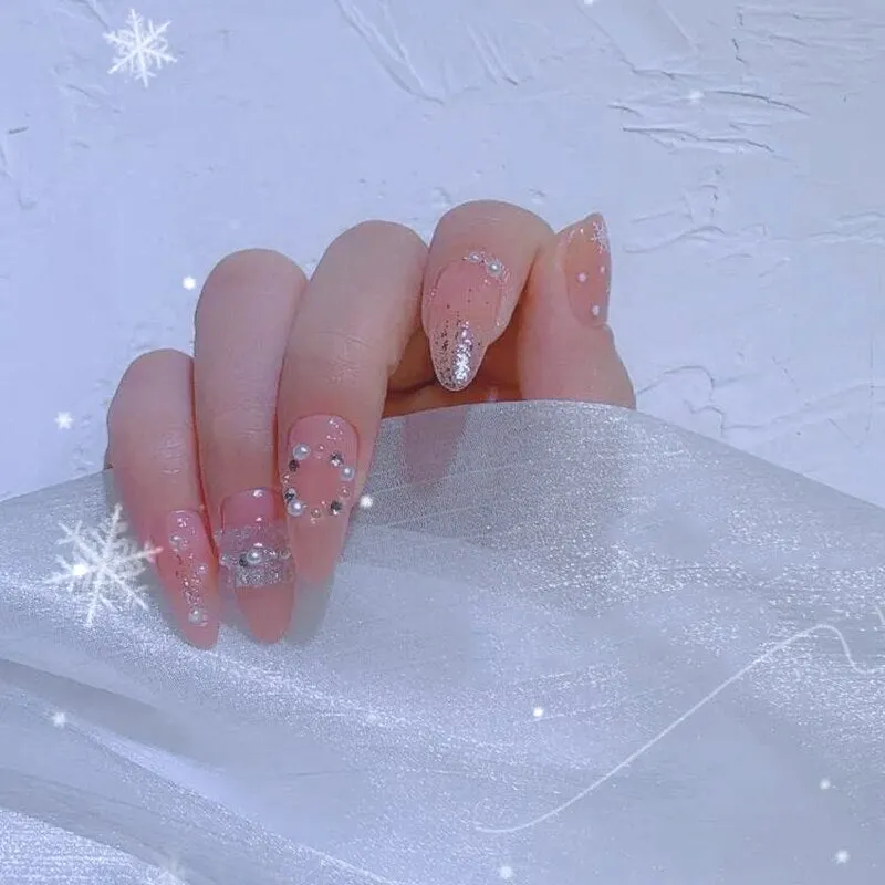 24PCS Fake Nail Exqusite Pearl Decor Girls Mid Length Coffin Ballet Press On Nails Full Cover Fake Nail Long Paragraph Fake Nail-Nail Inspo