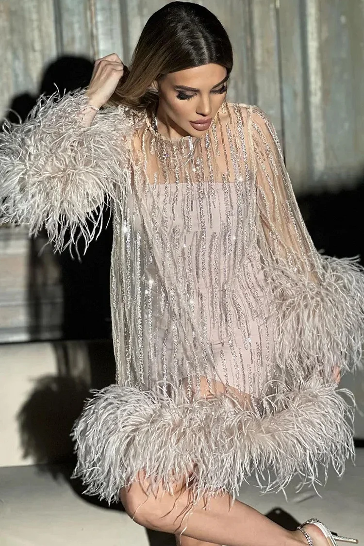 Mesh Sequin Long Sleeve Feather Trim Mini Dress-Light Pink