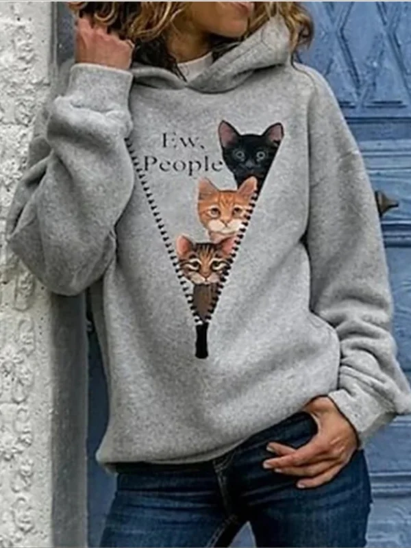 Cat Print Hooded Round Neck Sweatshirts