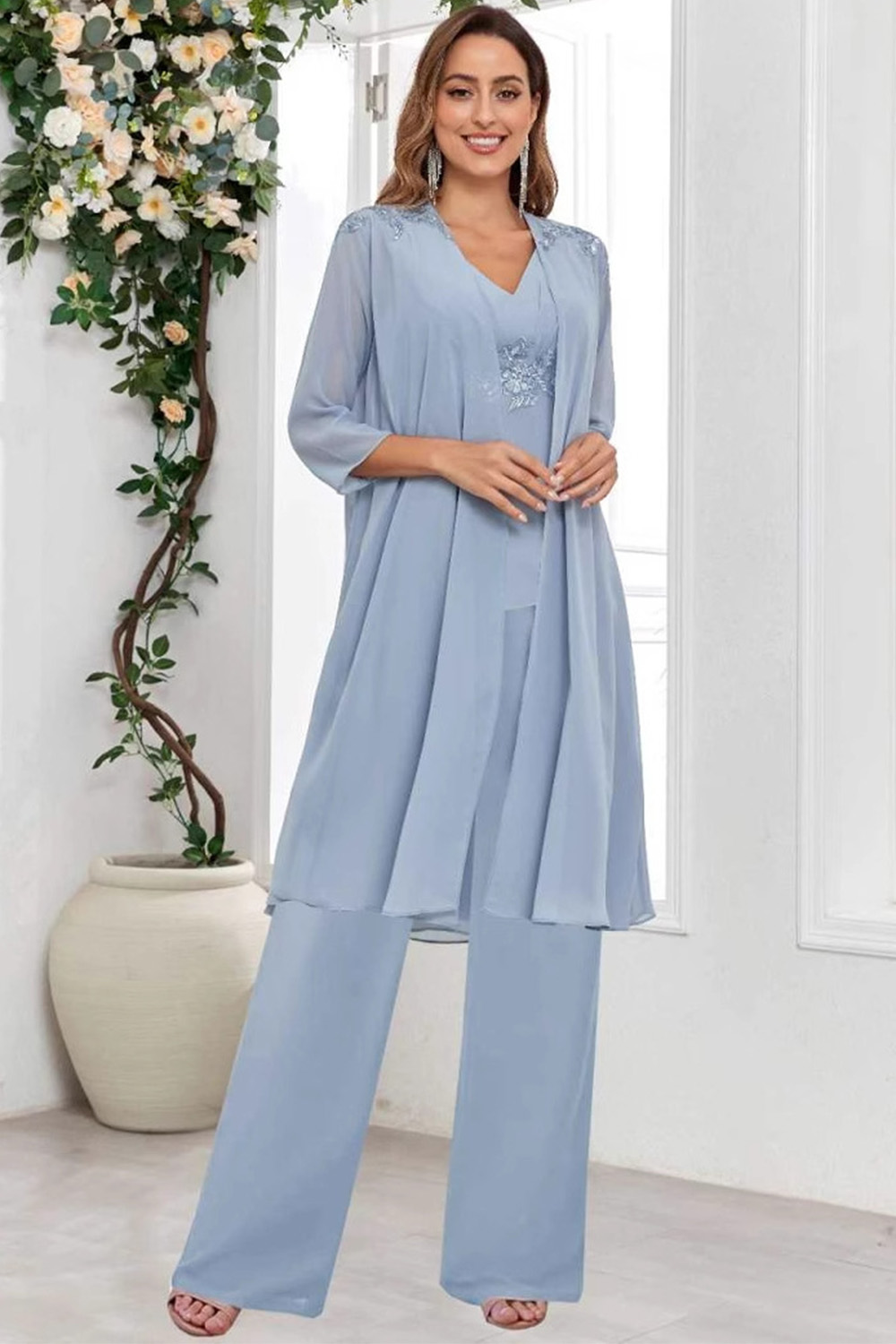 Plus Size Formal Light Blue Chiffon 3/4 Sleeve Three Piece Pant Suit 2024 - Flycurvy 