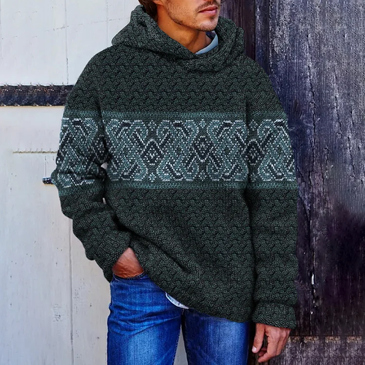 Irish Celtic Jacquard Knit Vintage Men's Hooded Sweater