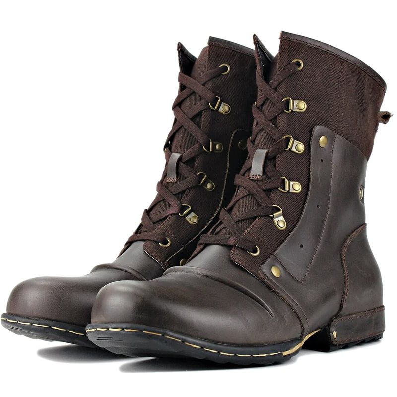Retro Autumn And Winter Leather Lace-up Stitching Mid-length Boots