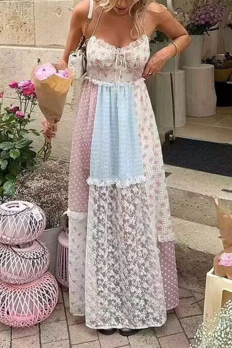 Backless Contrast Halter Long Dresses