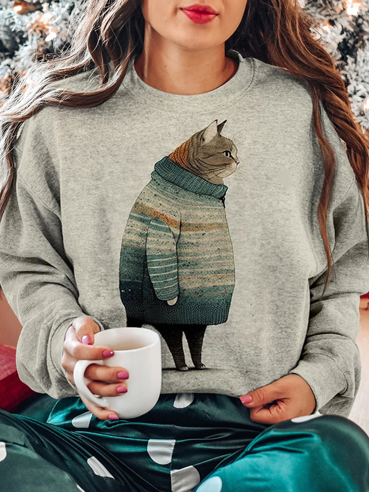 Comstylish Vintage Cat Print Round Neck Long Sleeve Sweatshirt