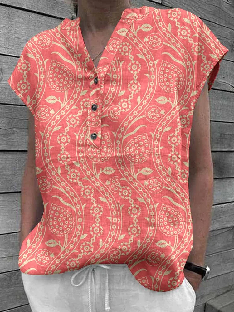 Women's Floral Art Casual Cotton Shirt Tops