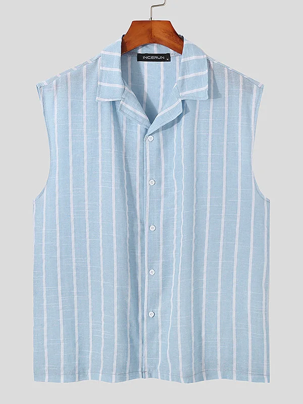 Aonga - Mens Cotton Linen Plain Striped Sleeveless ShirtJ