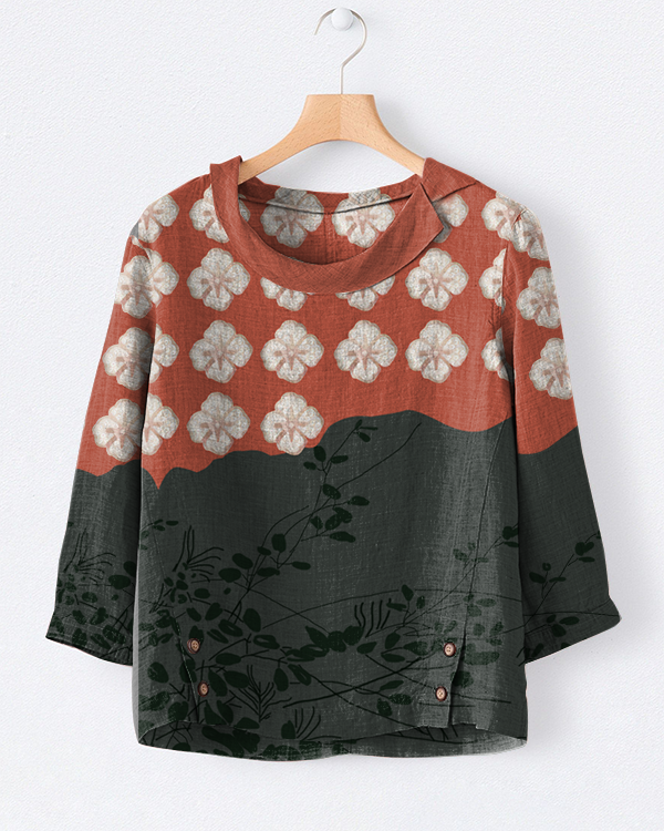 Japanese Floral Art Print Casual Lapel Top