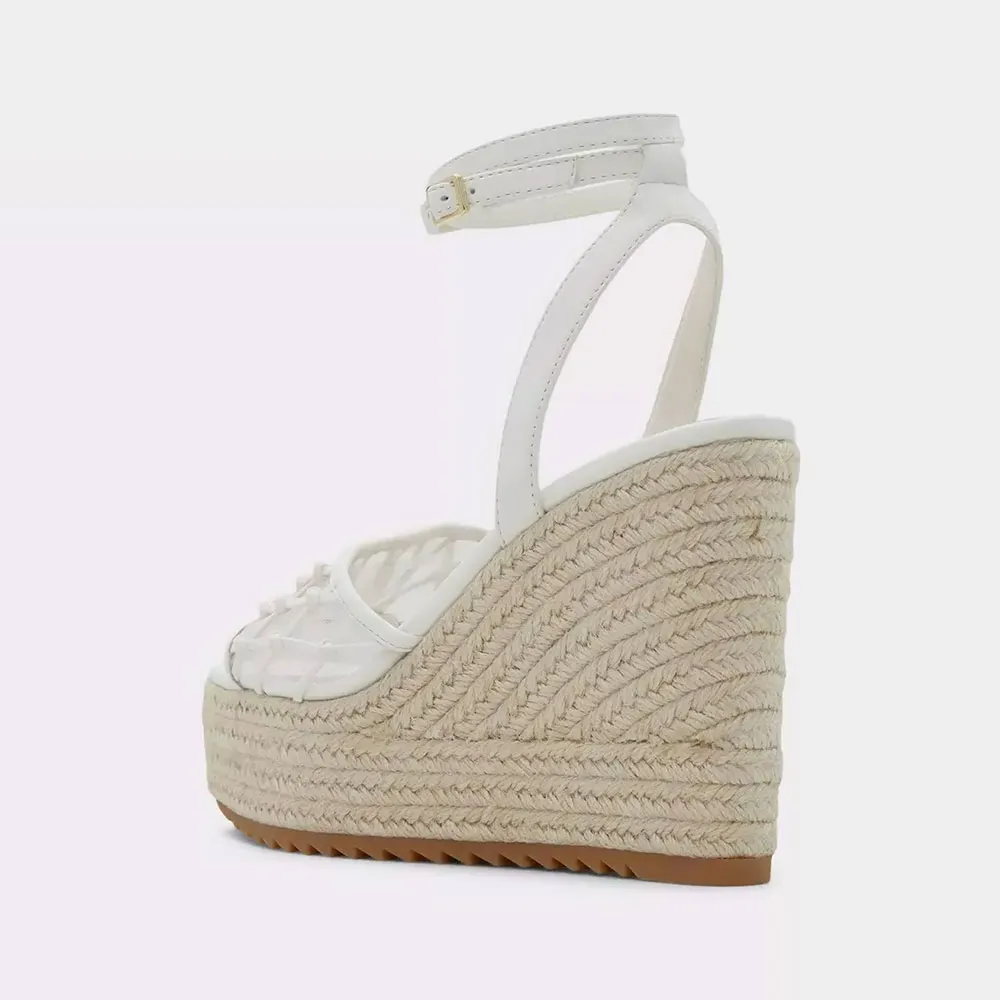 White Fishnet Open Toe Platform Espadrille Wedge Sandals for Women