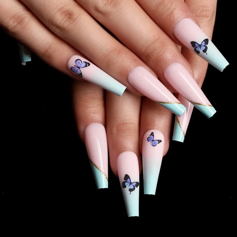 24pcs/box fake nails with glue designed colourful Gold thread rainbow paragraph press on nails coffin girls nail tips stick-on-Nail Inspo