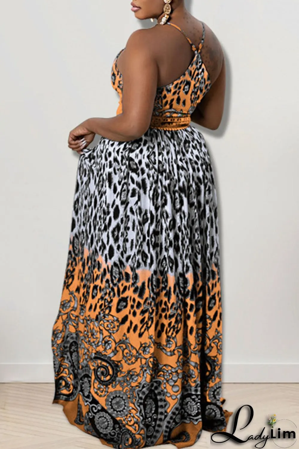 Blue Sexy Print Patchwork Slit Fold Spaghetti Strap Straight Dresses