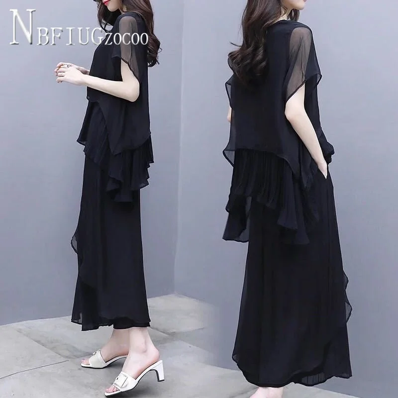 2020 Summer Plus Size Chiffon Women Sets Blouse And Wide Leg Pants Female Sets