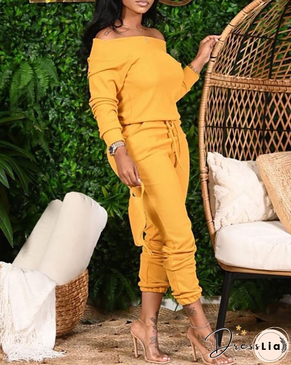 Plus Size Plain Long Sleeve Top & Drawstring Pants Set P14071