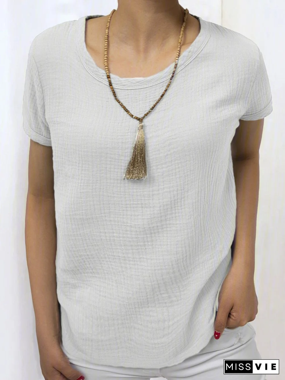 Women Casual Linen Cotton Plain Short Sleeve Blouses