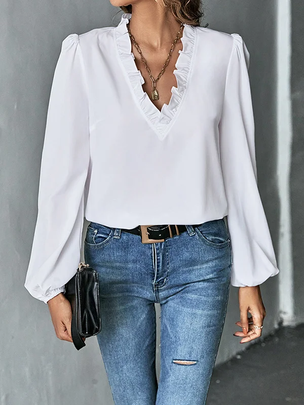 Long Sleeves Loose Ruffled Solid Color V-Neck Blouses&Shirts Tops