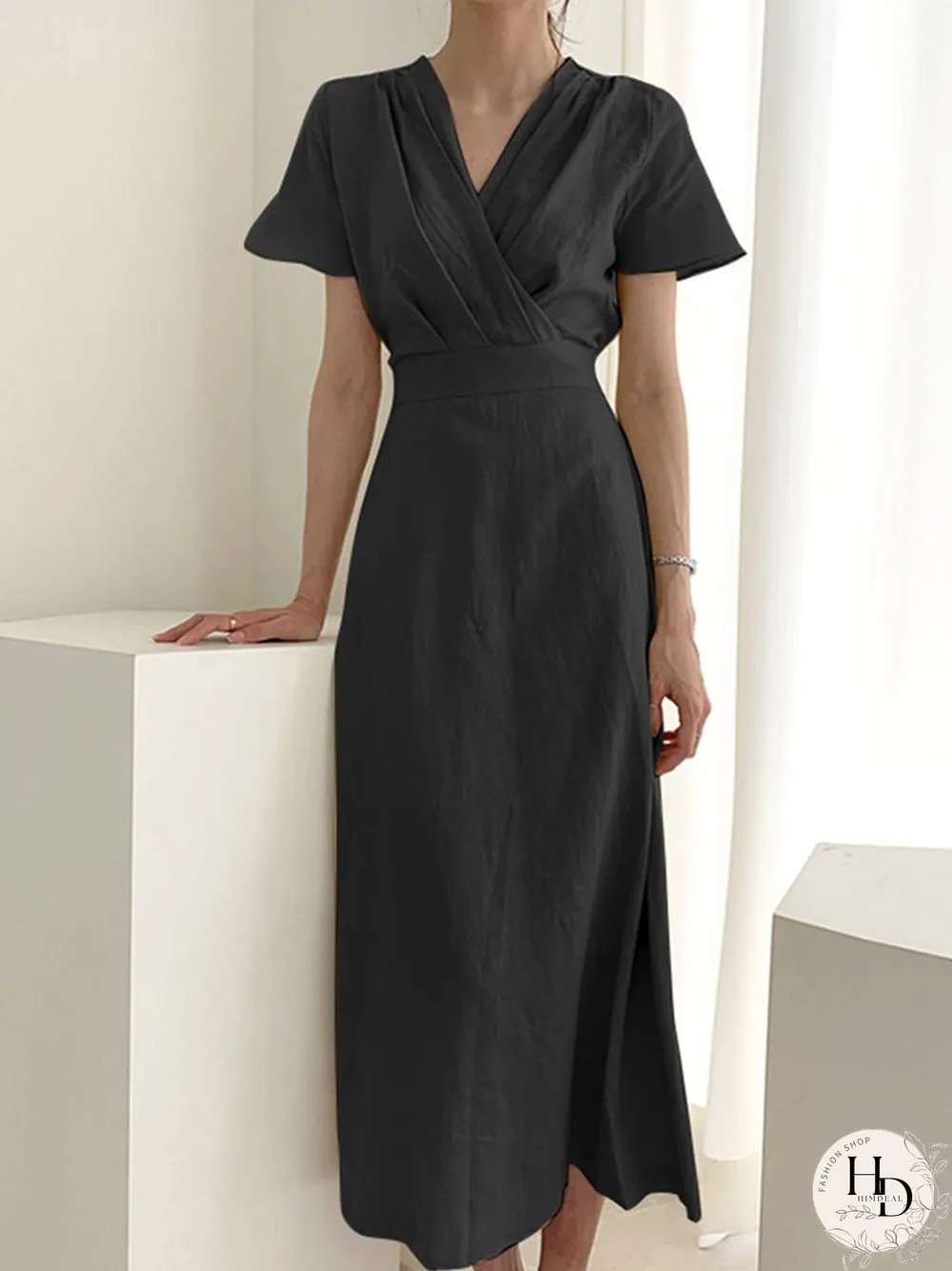 Solid Wrap V-neck Short Sleeve Casual Dress For Women