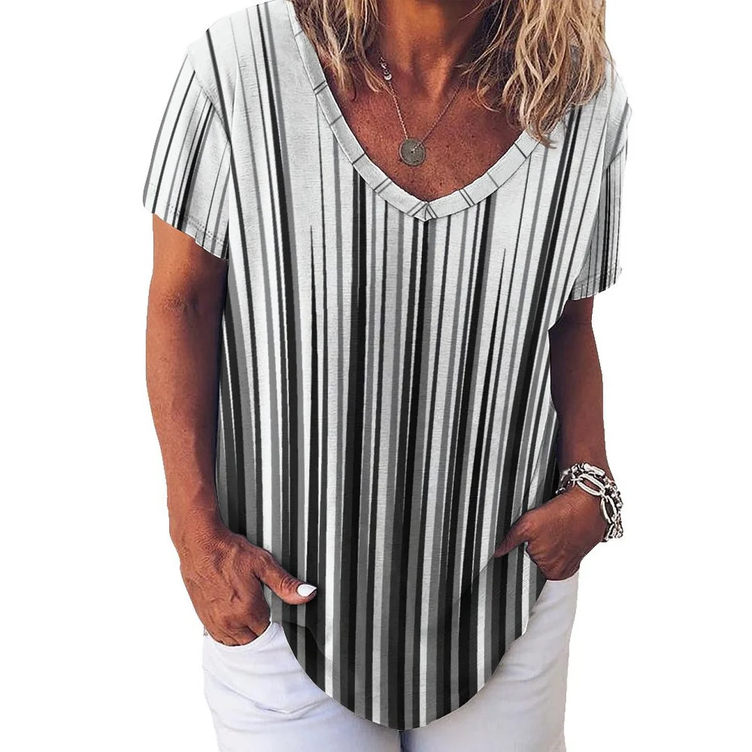 V-neck Short Sleeve Casual T-shirt for  Women Printed with Pattern Geometry, Ray, Black