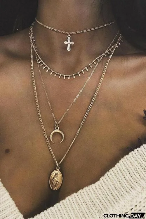 Cross Moon Layers Necklace